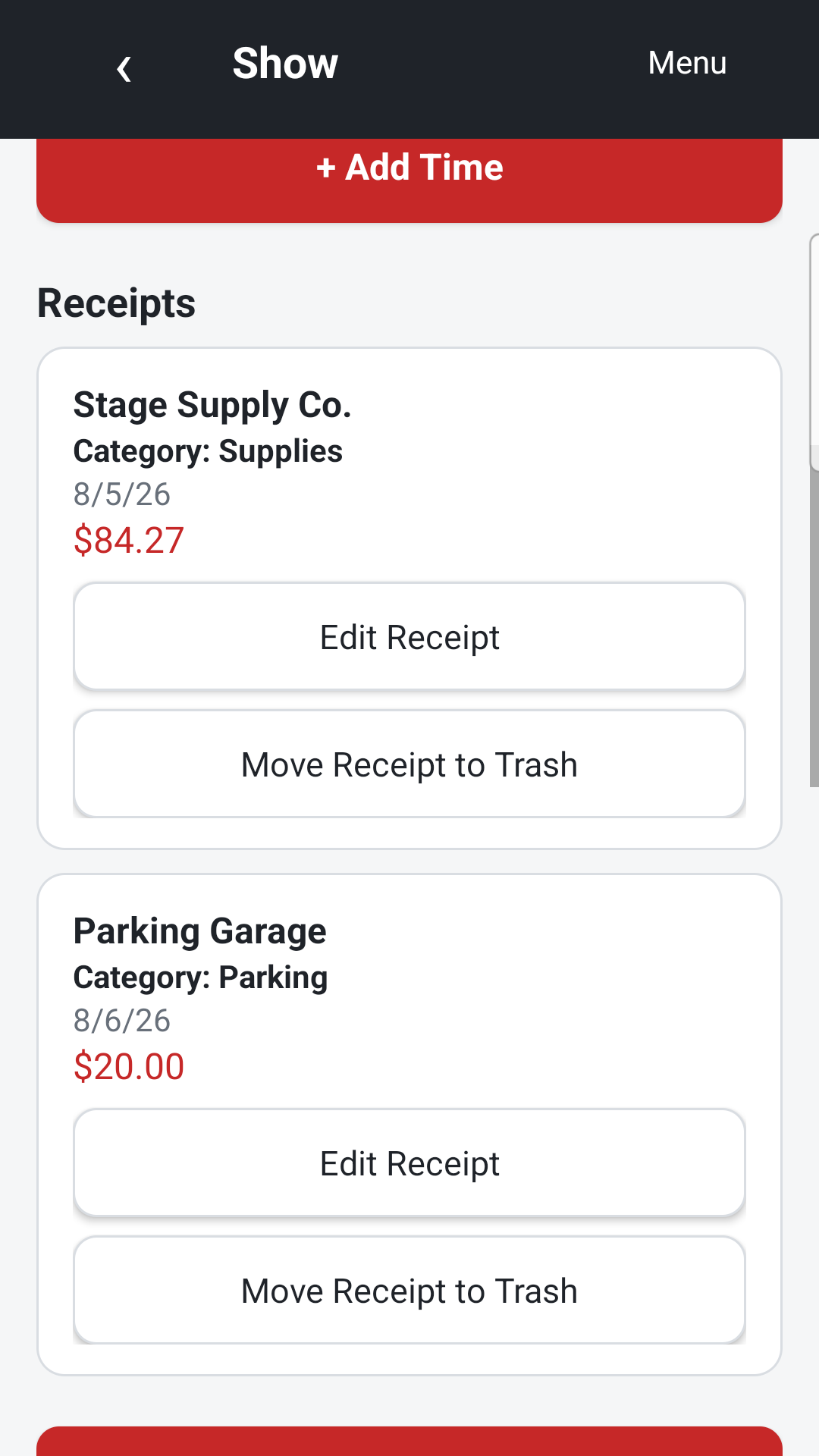 Receipt list showing sample supplies and parking expenses